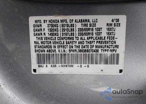 2008 Honda Odyssey Ex-L z USA, uszkodzony, nr VIN 5FNRL38638B070436